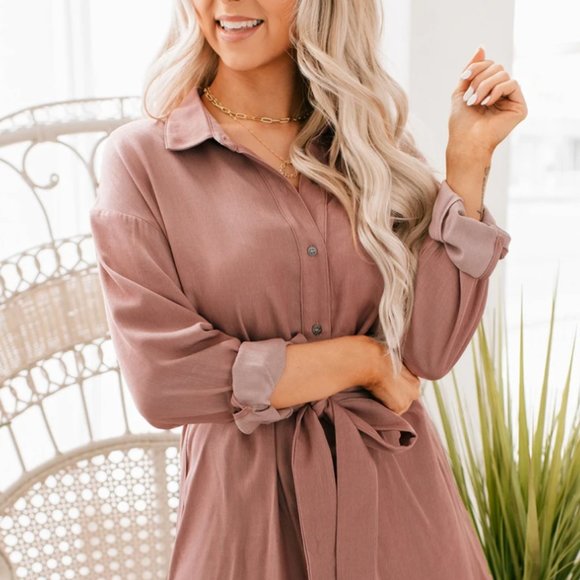 MATTER OF TIME LONG SLEEVE SHIRT DRESS (MAUVE) - Picture 2 of 11